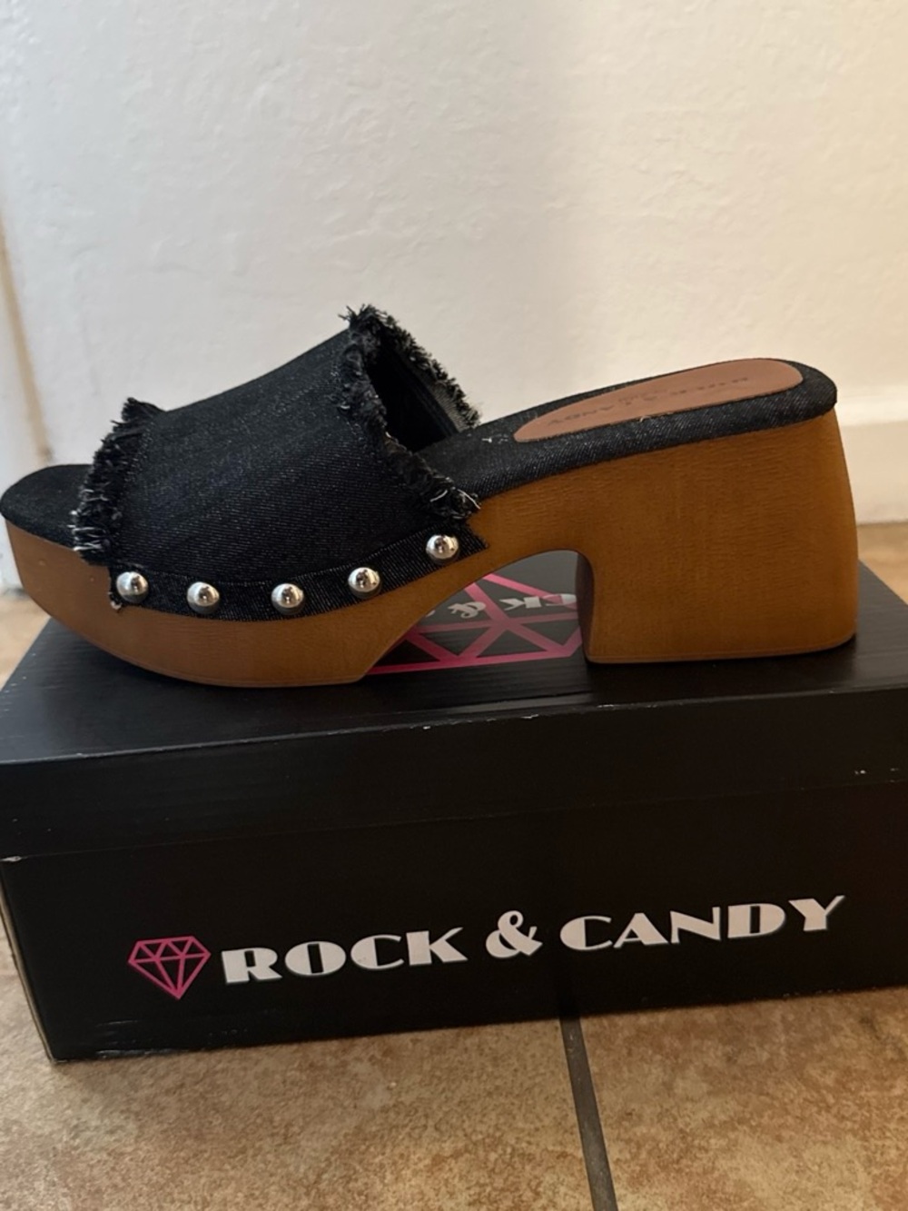 Rock & Candy Black Frayed Denim Studded Clog Mule with Wood-Look Platform